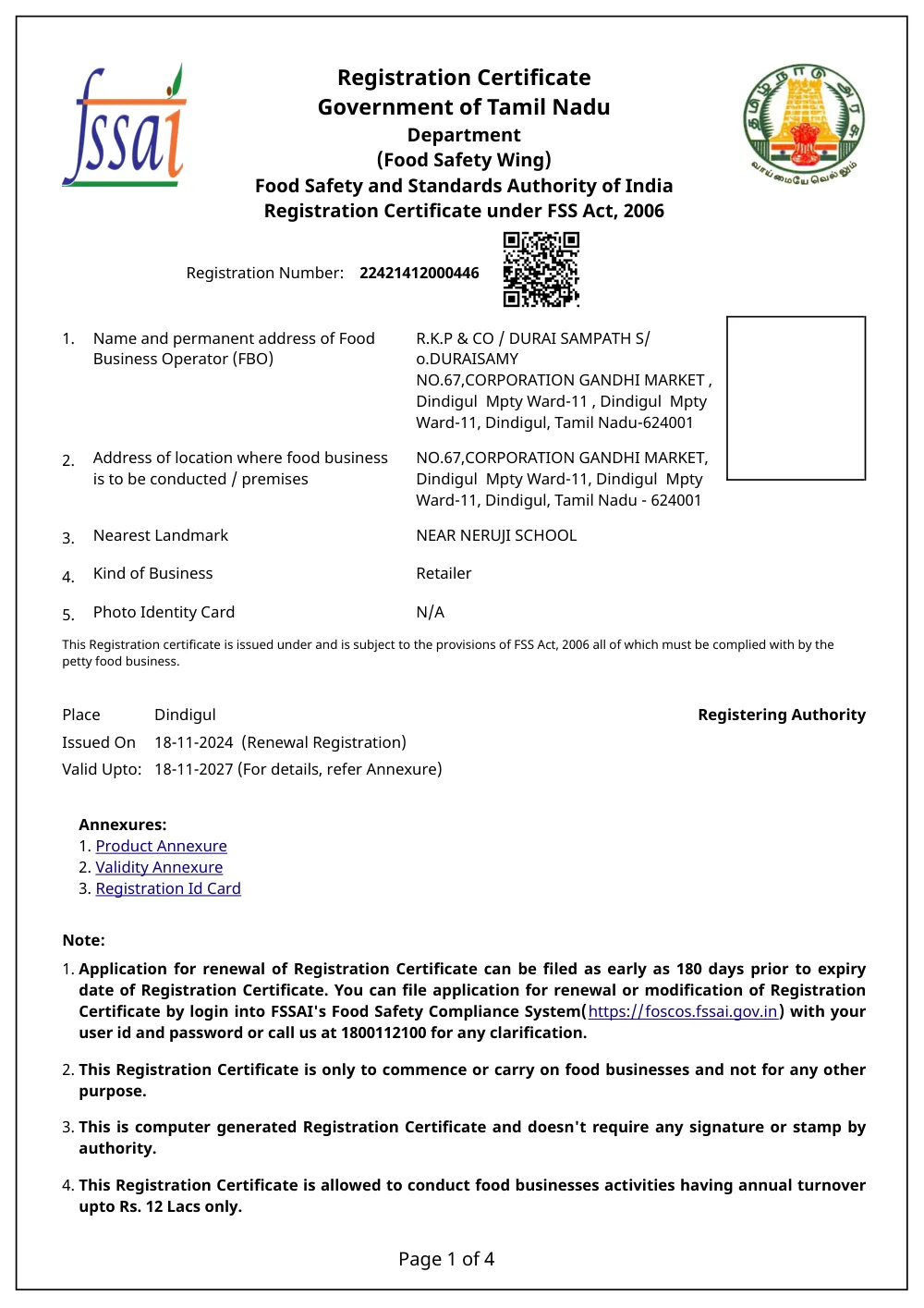 FSSAI Registration Certificate 22421412000446, Government of Tamil Nadu, Food Safety Wing