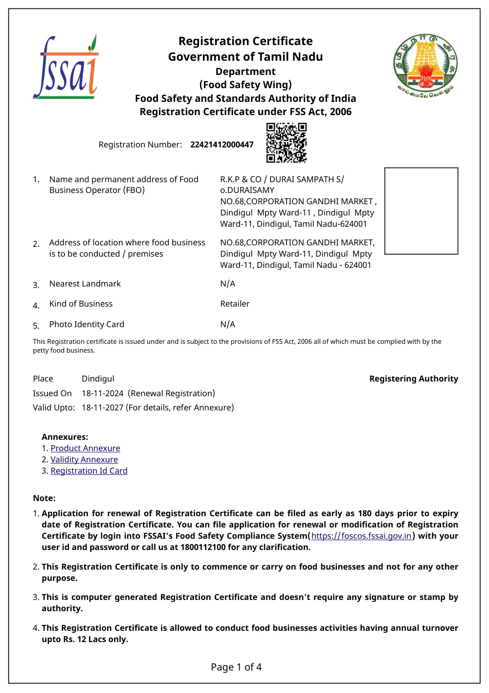 FSSAI Registration Certificate 22421412000447, Government of Tamil Nadu, Food Safety Wing